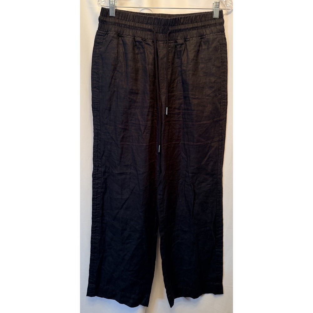 Quince Women's Medium 100% Linen Black Pants Elastic Waist Drawstring 30" Inseam